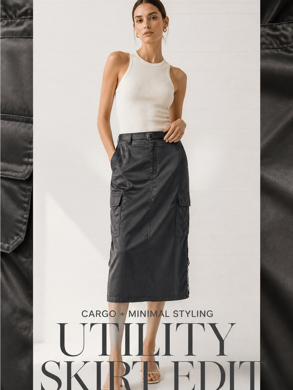 Y2K Voice Silk Cargo Utility Black Belted 4 Pocket Vintage Midi Women's 15 Skirt
